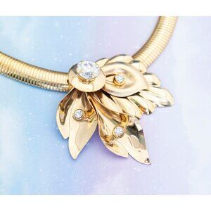 Vintage Art Nouveau Elven Leaf Gold Tone Bib Necklace | 18 inch | J10